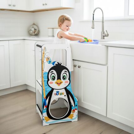 Torre Auxiliar Infantil Pinguim Engraçado – Altura Ajustável e Participação na Cozinha, DannyFunny