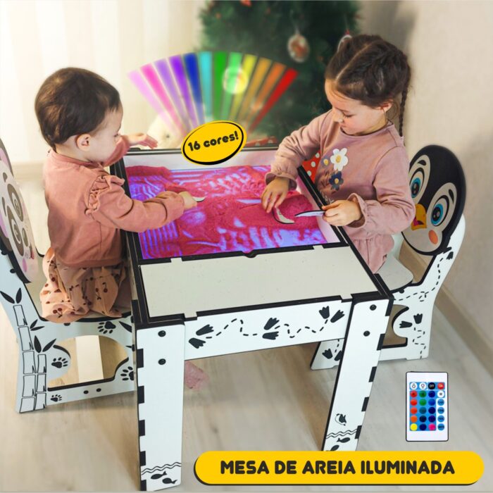 Mesa infantil Pinguim Engraçado com luz LED e cadeira em MDF branco