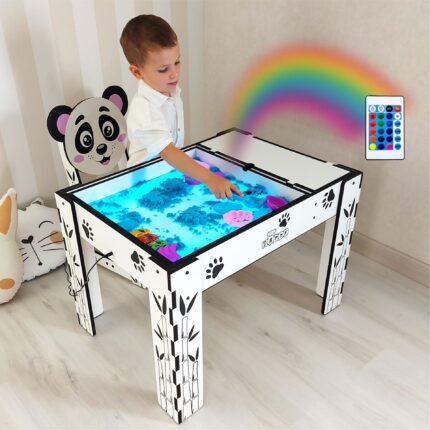 Criança com mesa infantil Panda Engraçado com luz LED e tampa educativa