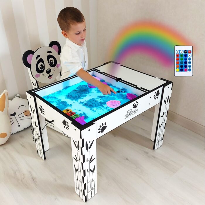 Criança com mesa infantil Panda Engraçado com luz LED e tampa educativa