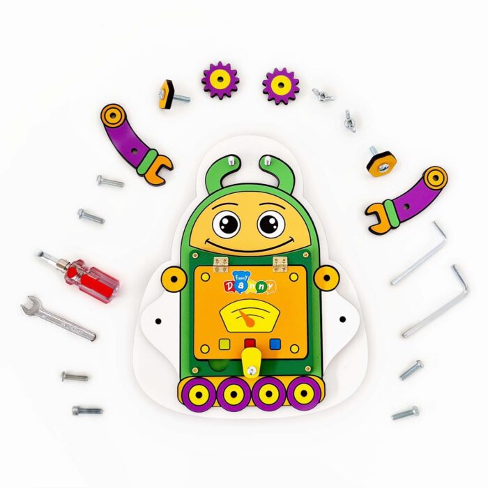 Quadro de aprendizagem com ferramentas Busy Board Montessori para desenvolvimento infantil de 4 a 8 anos.
