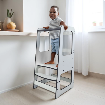 Torre de aprendizagem Montessori clássica branca em madeira com altura ajustável