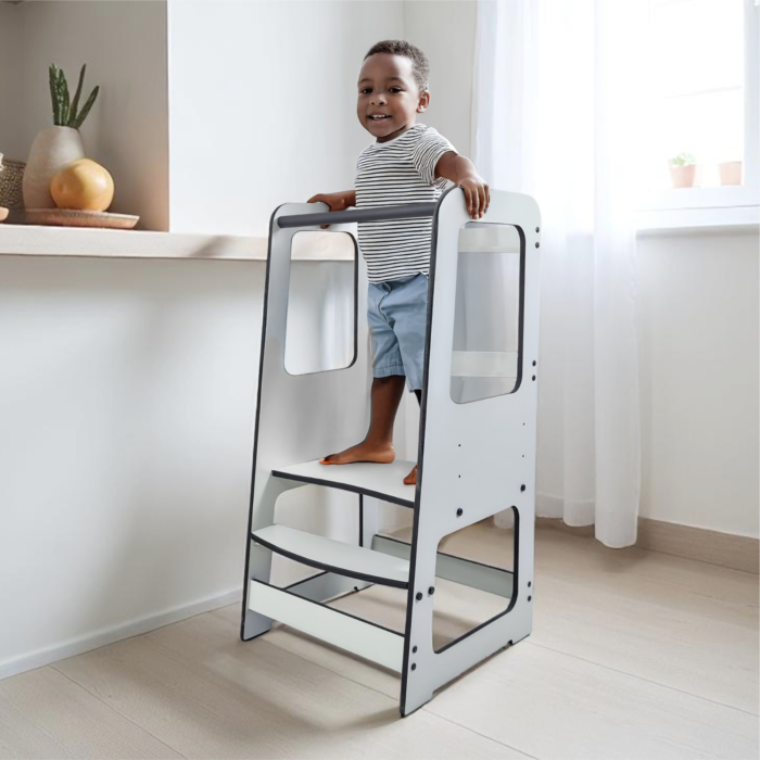 Torre de aprendizagem Montessori clássica branca em madeira com altura ajustável