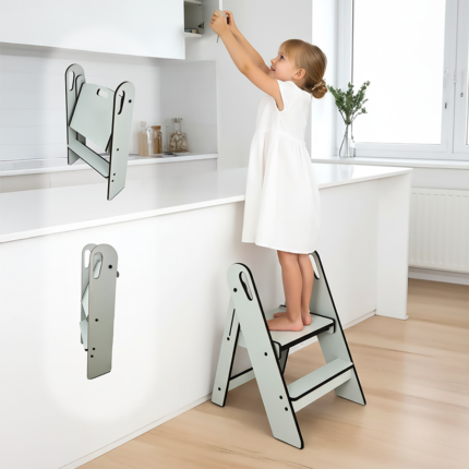 Torre de Aprendizagem Montessori Dobrável Cinzenta em Madeira, Escadote – Resistente e Familiar –  DannyFunny