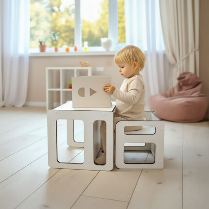 Conjunto Montessori em Cubo – Mesa e Cadeira Reversíveis Montessori para Crianças, S+M, DannyFunny