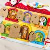 Quadro de atividades infantil Montessori para aprendizagem e desenvolvimento motor com 6 portas interativas.