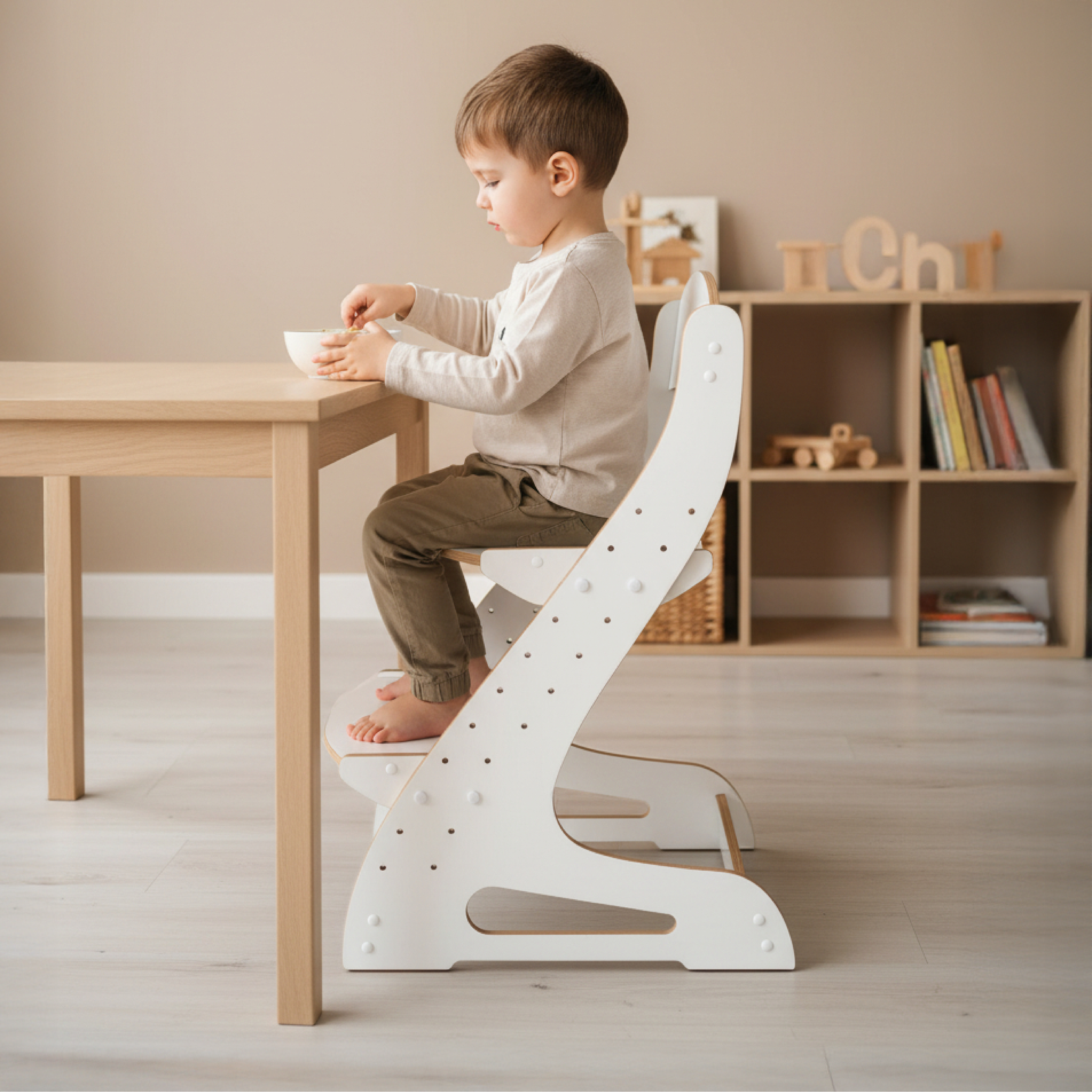 Cadeira evolutiva Montessori infantil ajustável com 11 níveis de altura em MDF laminado