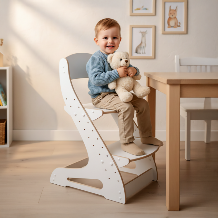 cadeira evolutiva Montessori infantil moderna com altura ajustável e apoio para os pés