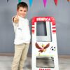 Torre de aprendizagem Montessori Benfica em vermelho e branco com estrutura segura e altura ajustável