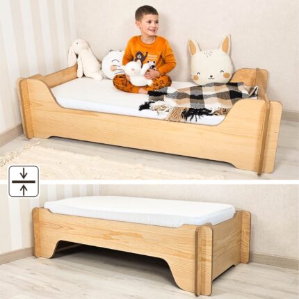 Cama Montessori infantil 70x140 com design robusto e versátil, ideal para autonomia e segurança do bebê.