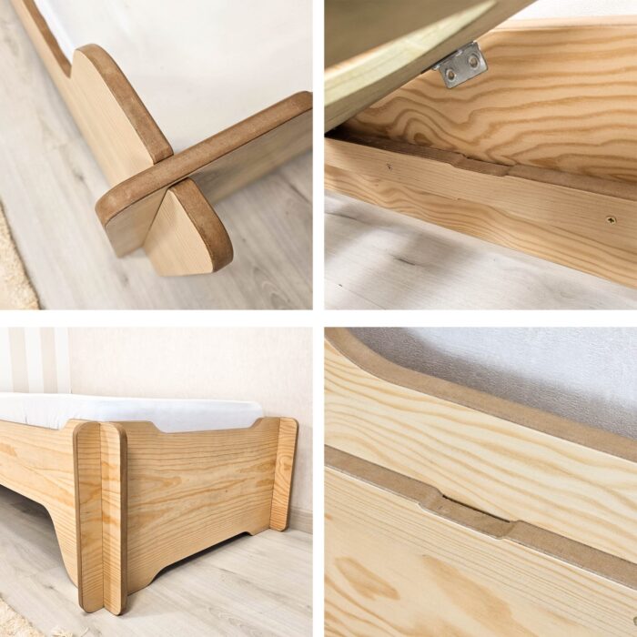 Cama Montessori infantil 70x140 com design robusto e versátil, ideal para autonomia e segurança do bebê.