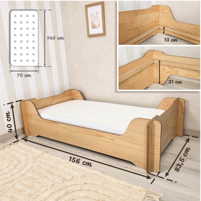 Cama Montessori infantil 70x140 com design robusto e versátil, ideal para autonomia e segurança do bebê.