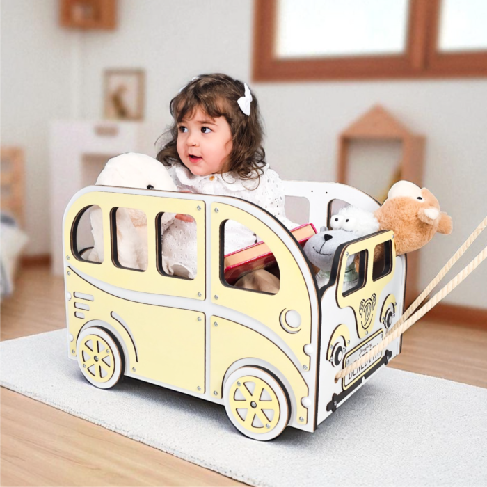 Caixa de brinquedos com rodas em forma de carro com rodas e corda para puxar