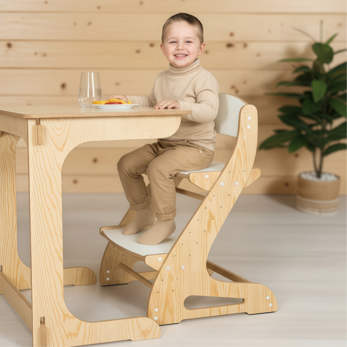Cadeira Evolutiva Montessori Infantil – Altura Ajustável “Moderna” em Madeira, 2em1 Cadeira e Escadote