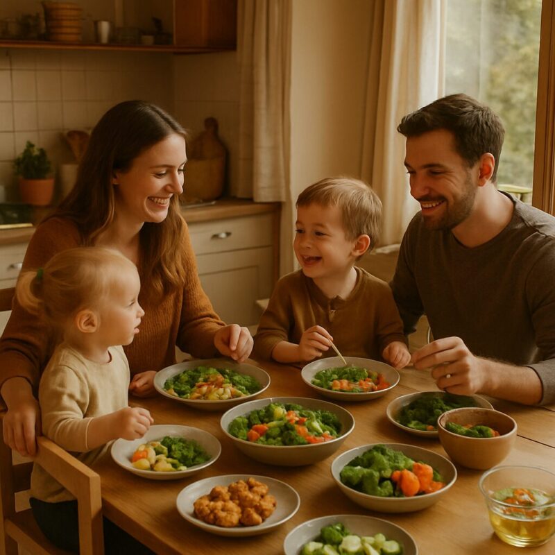 uma família feliz a preparar uma refeição saudável juntos, promovendo Jantar em Família com rotinas que incentivam uma alimentação equilibrada.