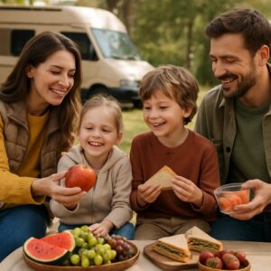 Família preparando lanches saudáveis em uma cozinha, ideal para viagens com crianças.