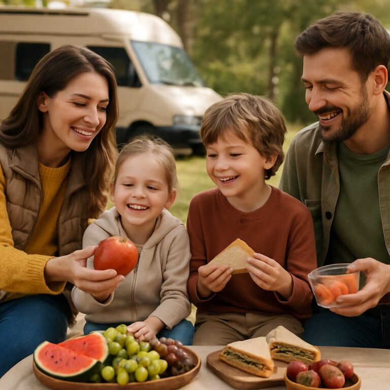 Família preparando lanches saudáveis em uma cozinha, ideal para viagens com crianças.