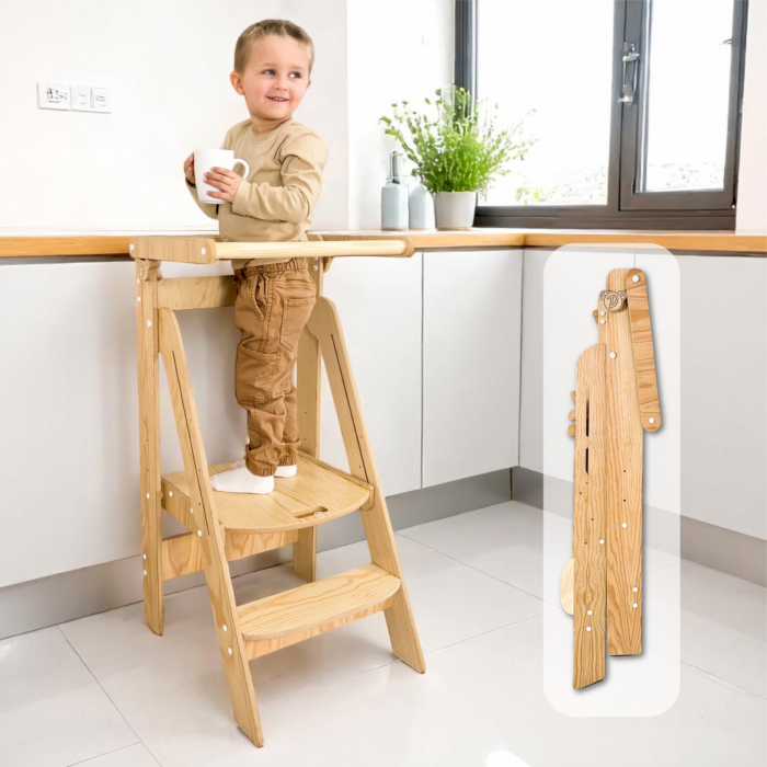 Torre de Aprendizagem Montessori Dobrável Reforçada – Madeira, Segurança Infantil em Pinho