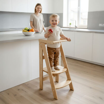 Torre de aprendizagem Montessori em madeira para criança na cozinha