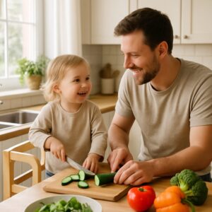 Crianças a preparar uma salada juntos, aprendendo sobre alimentação saudável com alegria.
