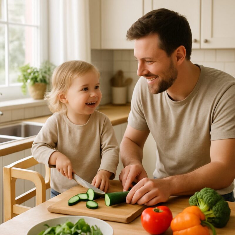 Crianças a preparar uma salada juntos, aprendendo sobre alimentação saudável com alegria.