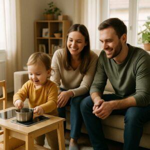 Criança pequena a brincar em casa, rodeada de almofadas para prevenir quedas.