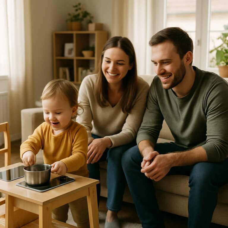 Criança pequena a brincar em casa, rodeada de almofadas para prevenir quedas.