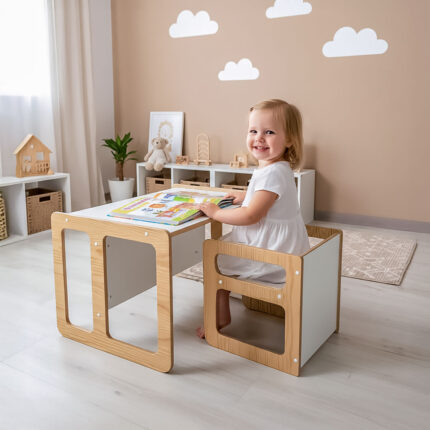 Mesa e Cadeira Montessori Reversível em Madeira para crianças, Cubo Multifuncional, M+L, DannyFunny