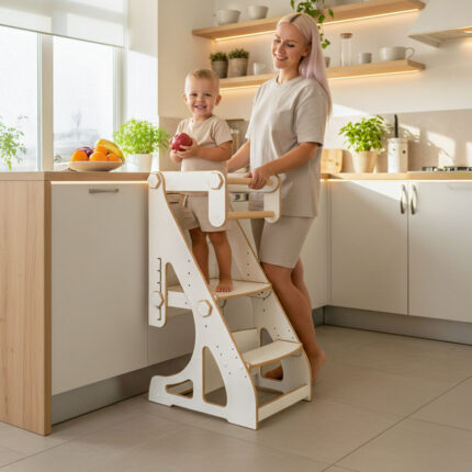 Torre de aprendizagem Montessori 4 em 1 – Aprendizagem, Mesa, Cadeira e Quadro Branco
