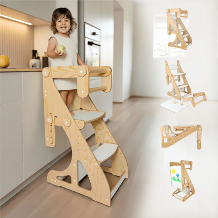 Torre de aprendizagem Montessori 4 em 1 – Aprendizagem, Mesa, Cadeira e Quadro Pinho