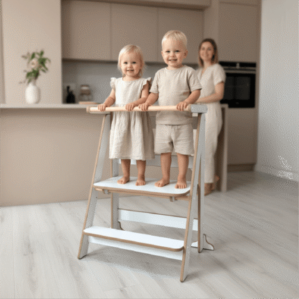 Torre Montessori Dobrável para Gémeos – Torre de Aprendizagem Dupla em Madeira
