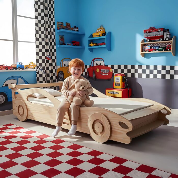 cama infantil carro de corrida madeira natural quarto infantil